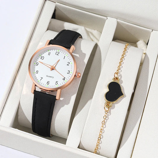 Leather Analog Ladies Quartz Wrist Watch Set