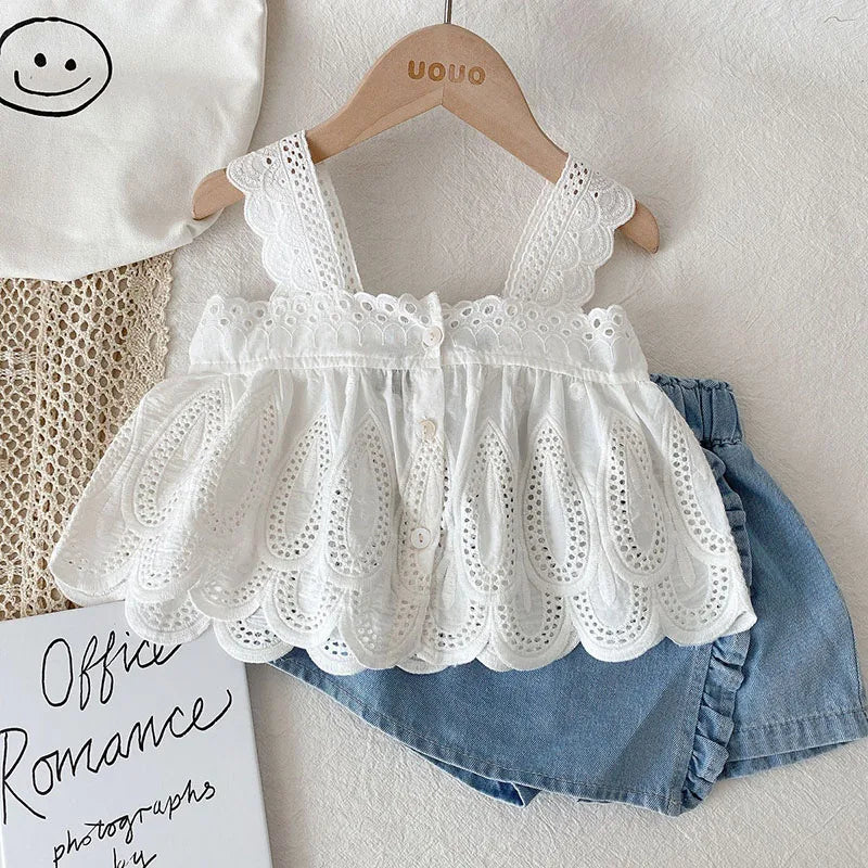 Kid's Lace Halter Seleveless Elastic Waist Denim Shorts Set