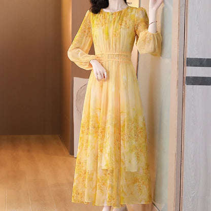 Women's Floral Silk Long Sleeve Bodycon Maxi Prom Dress