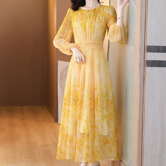 Women's Floral Silk Long Sleeve Bodycon Maxi Prom Dress