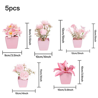5PCS, Mini Pink Artificial Flower Potted Plant, Indoor Desktop Shelf Decoration