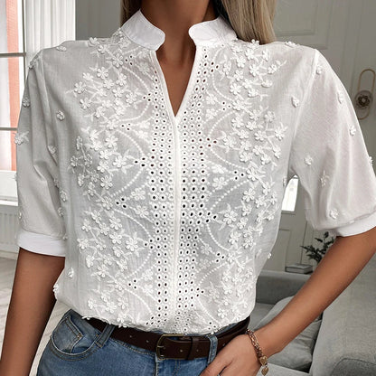 Summer Embroidery Lace V Neck Short Sleeve Tops