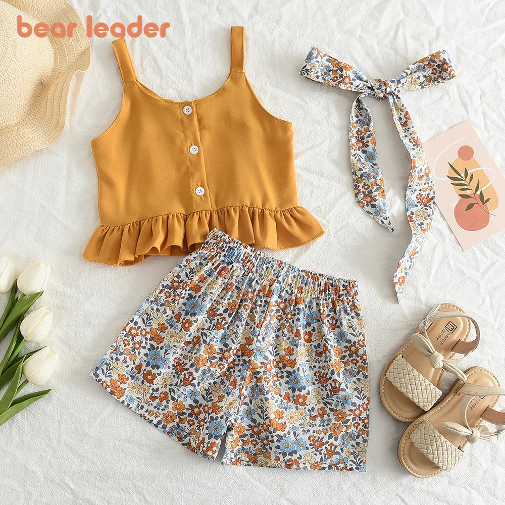 Girls Solid Suspender T-shirt Tops + Floral Shorts Sets