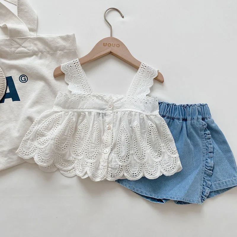 Kid's Lace Halter Seleveless Elastic Waist Denim Shorts Set