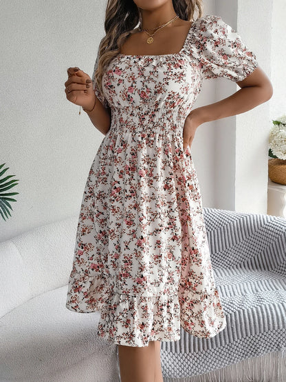 Women's Short Sleeve Floral Print Square Neck Ruffled Edge Dresses
