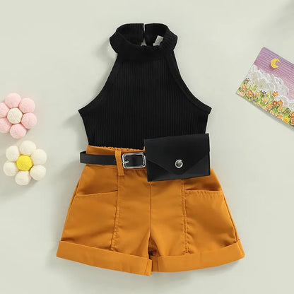 Baby Girls Clothes Outfit Solid Color Sleeveless Halter neck Shorts Casual Set
