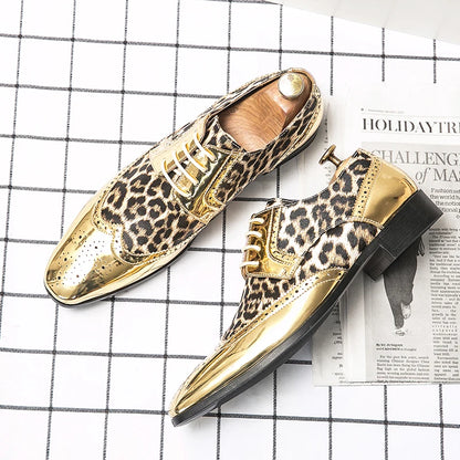 Gold Leopard Leather Brogue Shoes