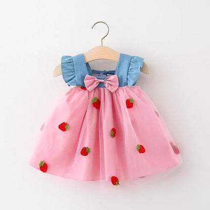 Girls' Little Flying Sleeve Dress - Embroidery Mesh Dress