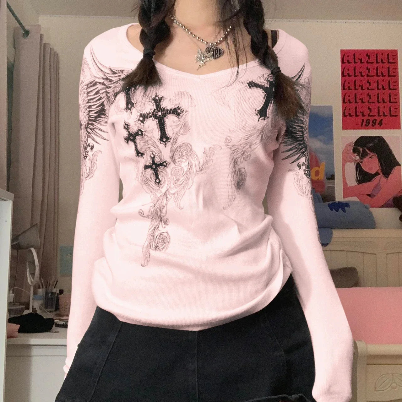 Graphic Cross Wings Print Long Sleeve Tops