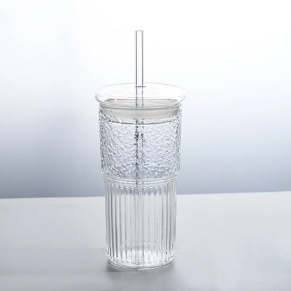 Gobelet en verre rayé de 600 ml avec thé - Couvercle et paille
