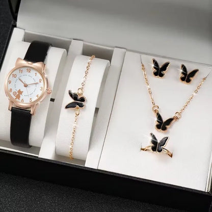 Women's PU Leather Strap Cute Cartoon Quartz Watches Jewlery Set