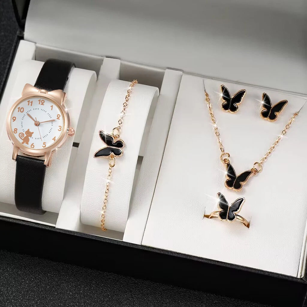 Women's PU Leather Strap Cute Cartoon Quartz Watches Jewlery Set