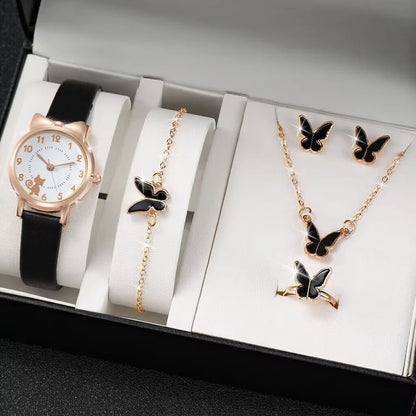 Women's PU Leather Strap Cute Cartoon Quartz Watches Jewlery Set