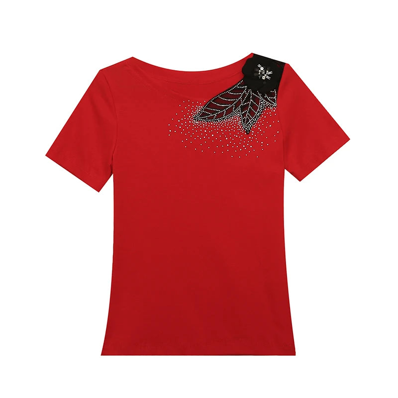 Beaded Flower Patchwork Cotton T-Shirt