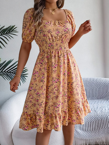 Robe d'été fleurie à col carré et manches bouffantes pour femme 