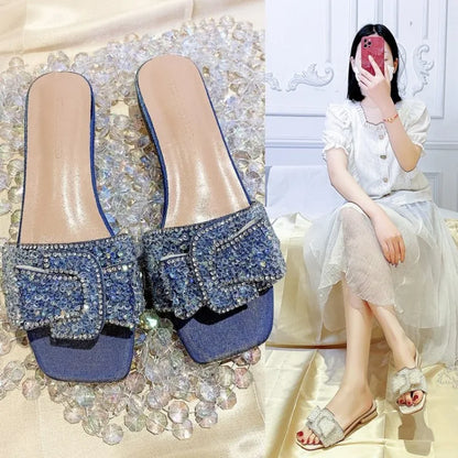 Summer Rhinestone Flat Heel Peep Toe Sandals