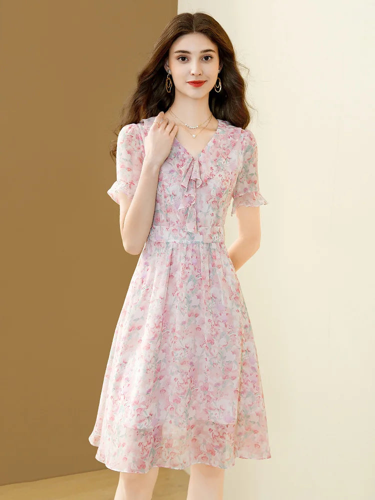 Floral Chiffon V-Neck A-line Dress