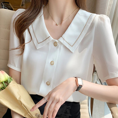 Women Turn Down Collar Short Sleeve Chiffon Blouse