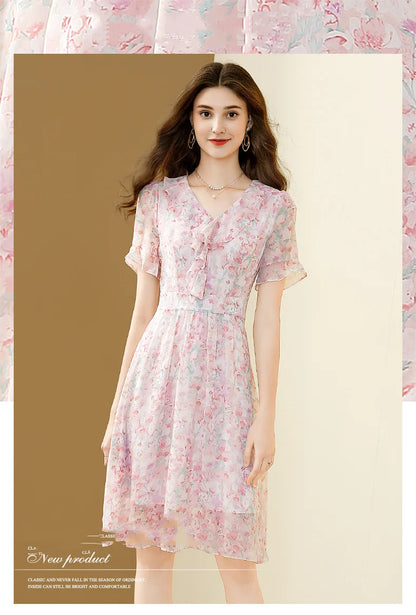 Floral Chiffon V-Neck A-line Dress