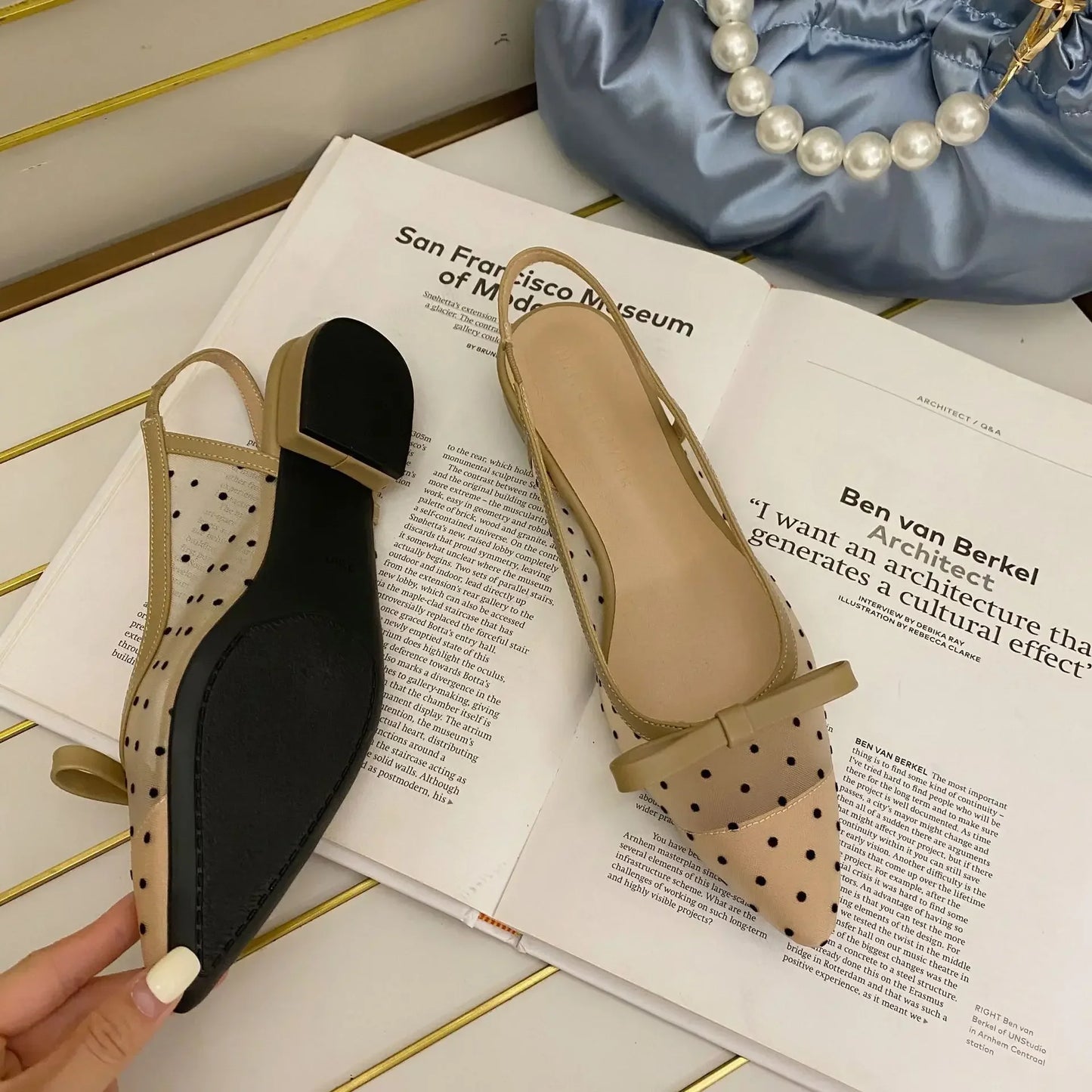 Polka Dot Chunky Heel Pointed Toe Bow Shoes