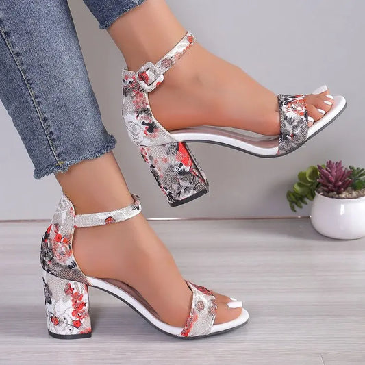 Floral Flocked High Heel Sandals