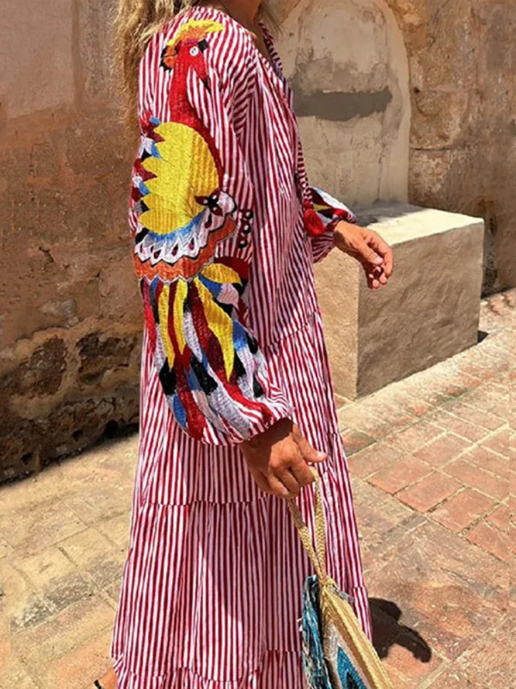 Women's V-Neck Printed Long Sleeve Dress