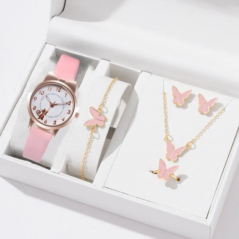 Women's PU Leather Strap Cute Cartoon Quartz Watches Jewlery Set