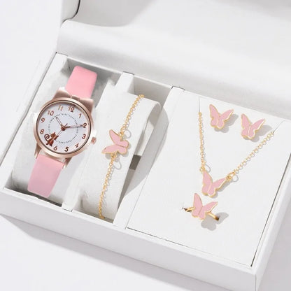 Women's PU Leather Strap Cute Cartoon Quartz Watches Jewlery Set