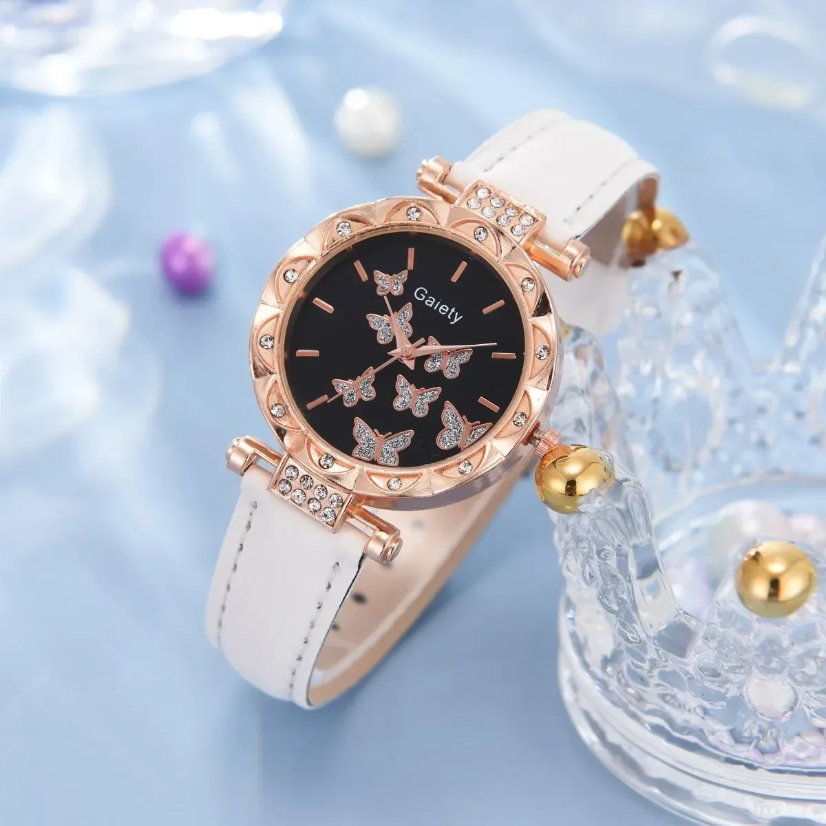 Rhinestone Wristwatch with Ring Necklace Earrings for Women