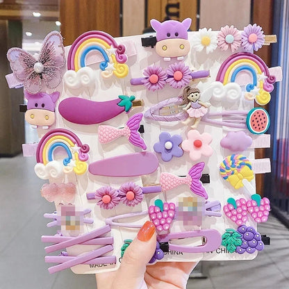 Girls' Rainbow, Fruit, Cartoon 14 Pcs Hair Clip Set