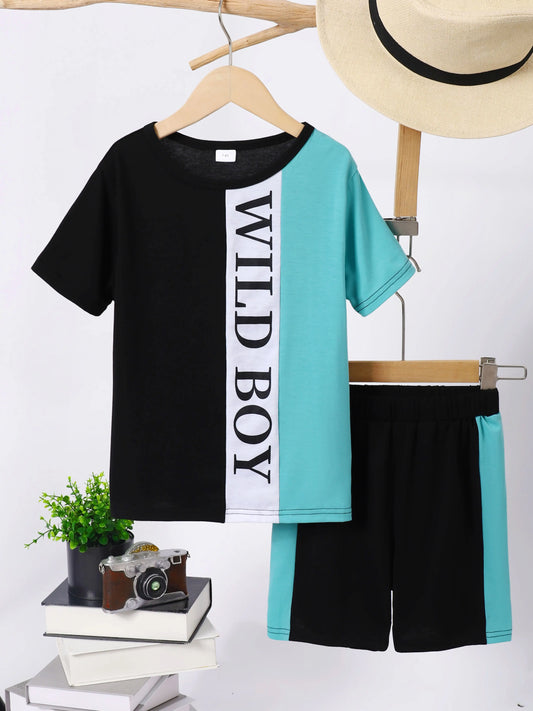 Boys' Three Color Patchwork Letter Pattern T-shirt & Shorts