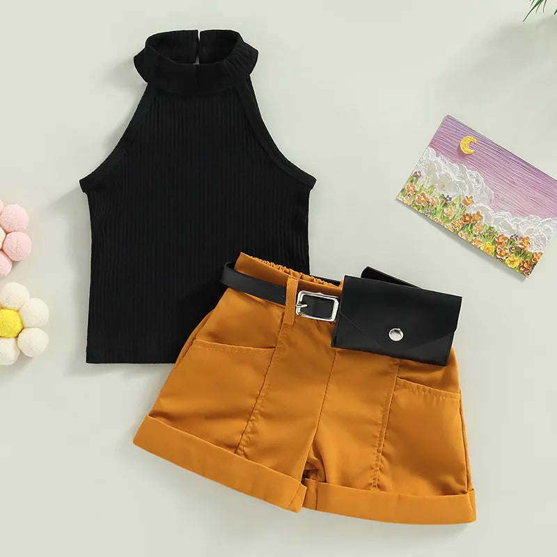 Baby Mädchen Kleidung Outfit Einfarbig Ärmellose Neckholder Shorts Casual Set
