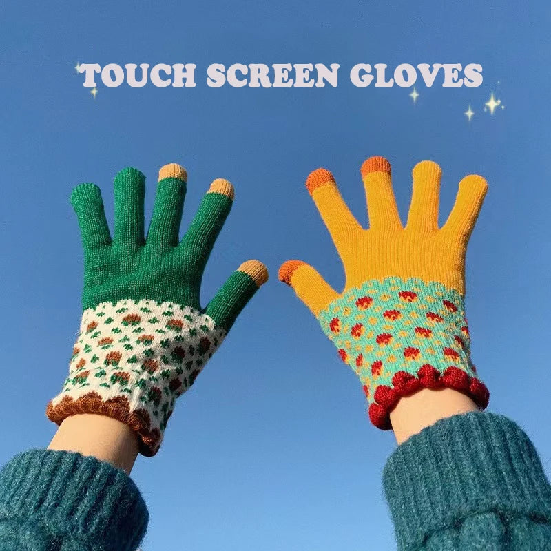 Warm Flower Knitted Touchscreen Gloves