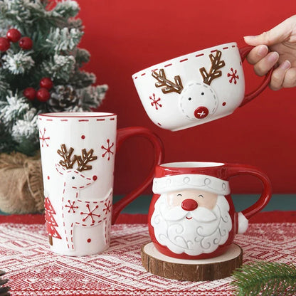 Santa Claus & Elk Embossed Ceramic Mug