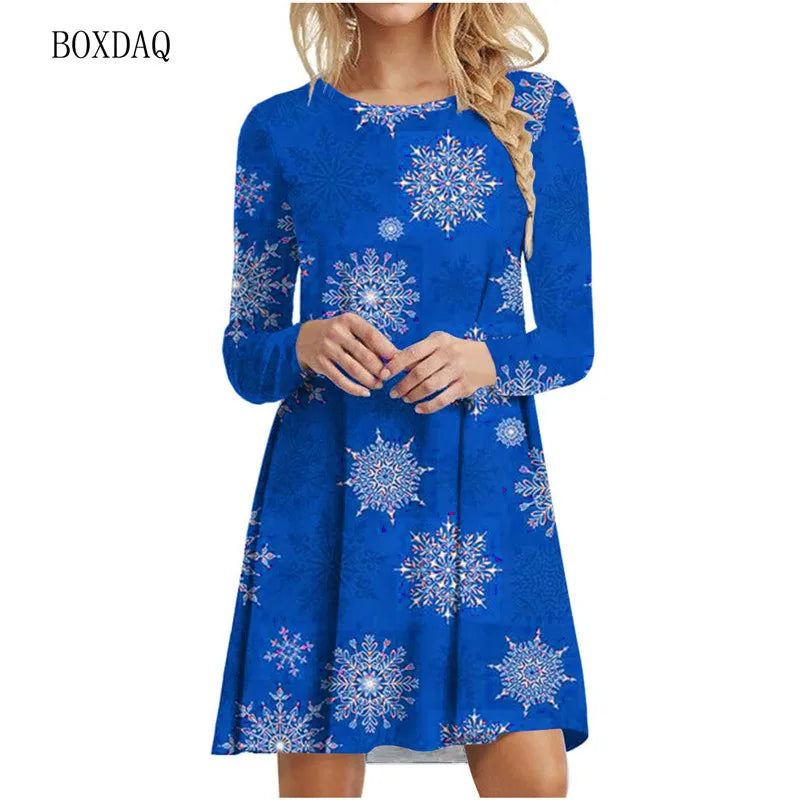 Snowflake Print Long Sleeve Mini Dress