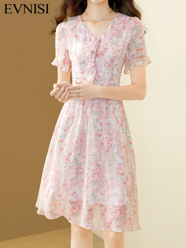 Floral Chiffon V-Neck A-line Dress