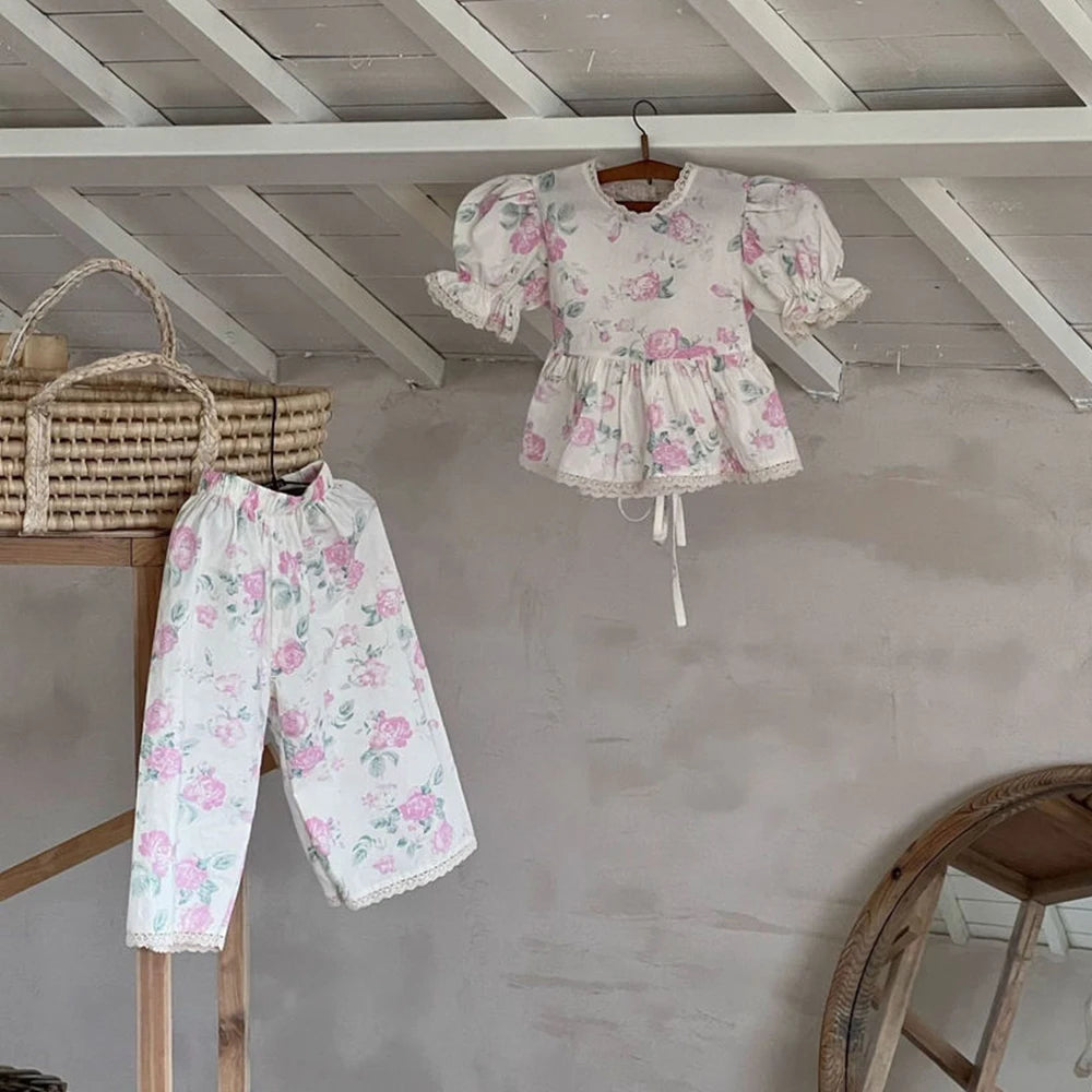 Vêtements pour bébé fille, haut à manches volantées et pantalon ceinturé