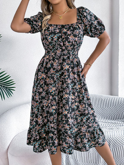 Women's Short Sleeve Floral Print Square Neck Ruffled Edge Dresses