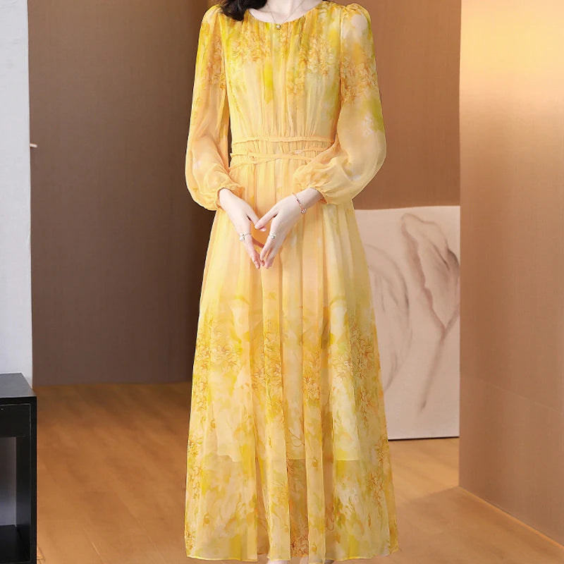 Women's Floral Silk Long Sleeve Bodycon Maxi Prom Dress