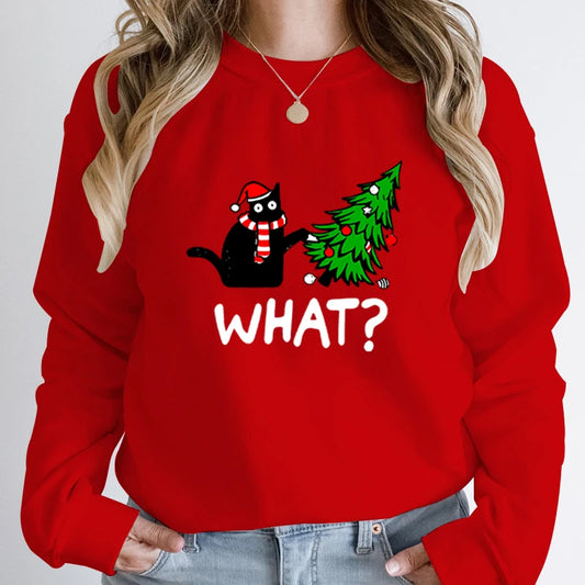 Black Cat Christmas Tree Print Sweatshirt