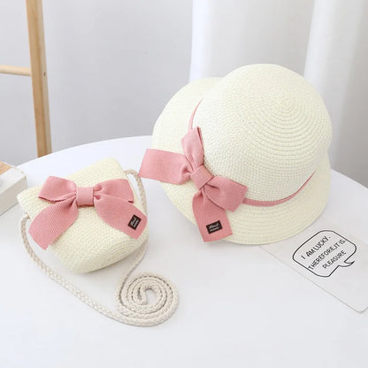 Baby Girls Lace Straw  Wide Brim Shoulder Bag & Sun Hats
