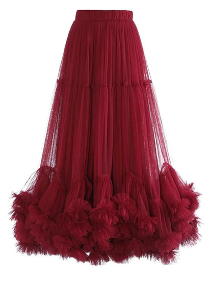 High Elastic Waist Red Ruffle A-line Midi Skirt