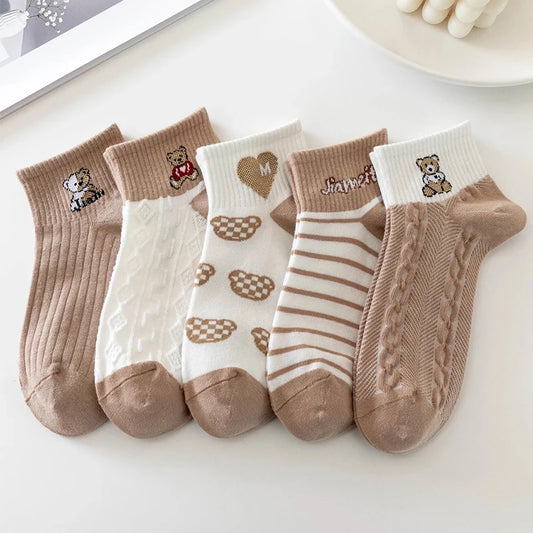 Women's Cute Bear & Hearts Print Ankle Socks