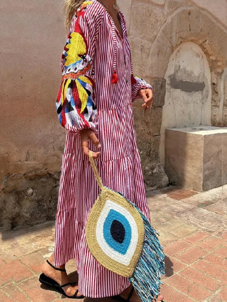 Women's V-Neck Printed Long Sleeve Dress