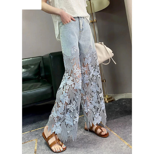 Summer Floral Hollow-Out Pants