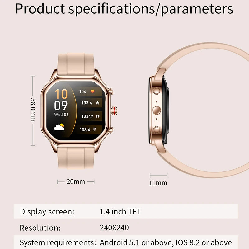 1.4 HD Bluetooth appel étanche et moniteur de fréquence cardiaque dames Smartwatch