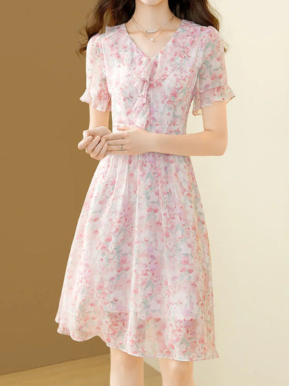 Floral Chiffon V-Neck A-line Dress