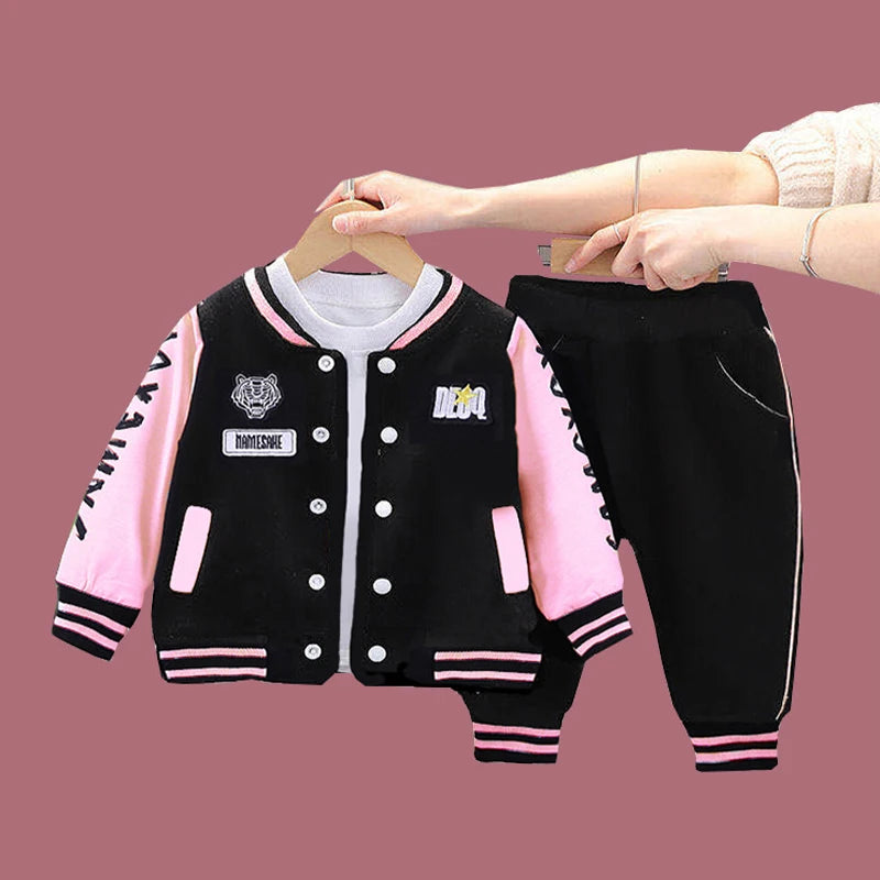 Kid's Spring Autumn Cartoon Print Baseball Coat Pants Suit