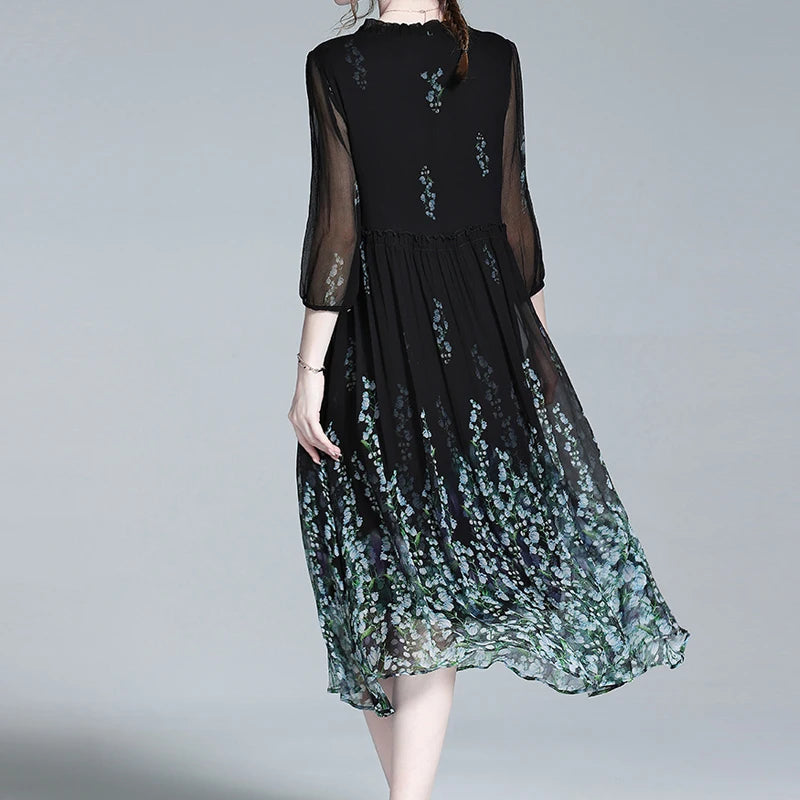 Women's Elegant Floral Printing Chiffon V-Neck Silk Dress