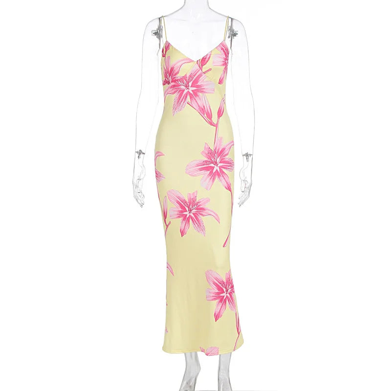 Robe midi en soie à imprimé floral et col en V pour femme 